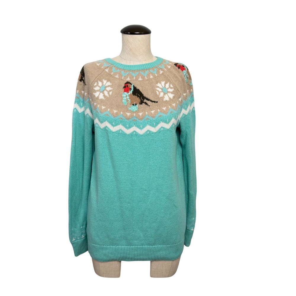 Talbots Womens M Turquoise Blue Bird Fair Isle Lambswool Blend Sweater Crew Neck